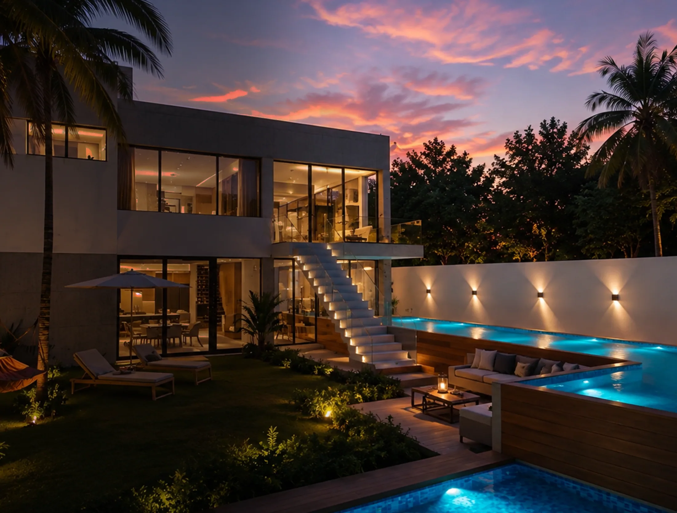 Residencia de lujo con alberca iluminada al atardecer