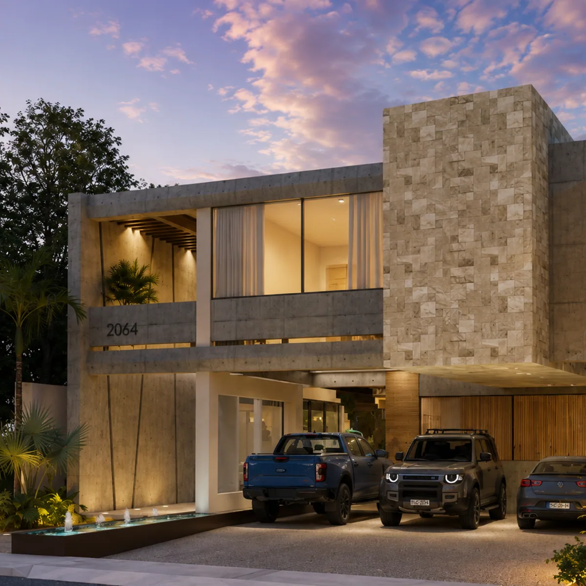Predio 2064 — Residencia con fachada de piedra y cochera amplia