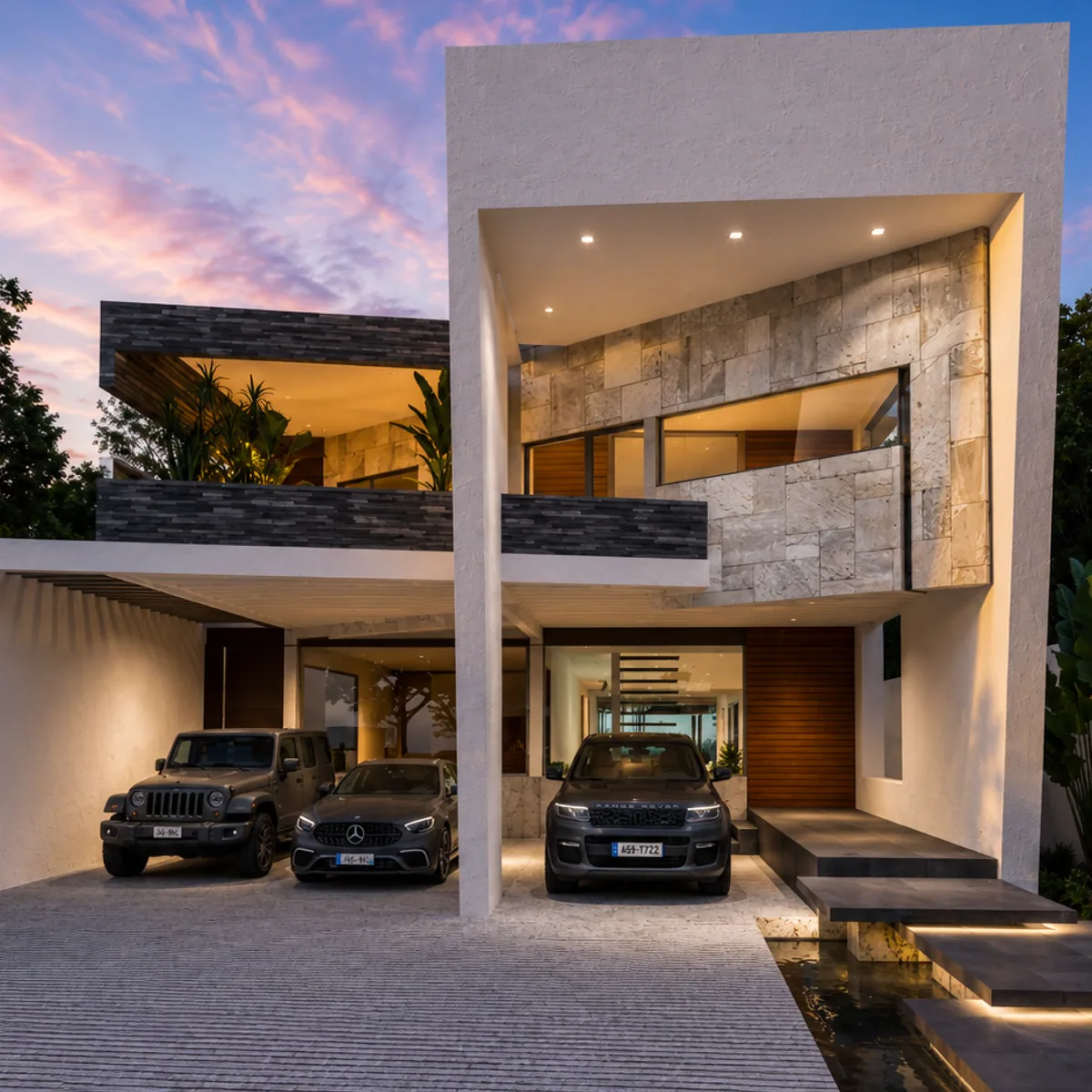 Predio 3045 — Residencia contemporánea de dos niveles al atardecer
